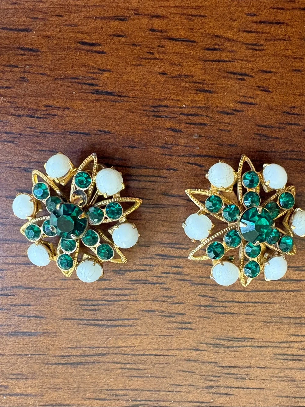Vintage Gold-Tone Green Crystal and White Stone Floral like Brooch  - Set of 2